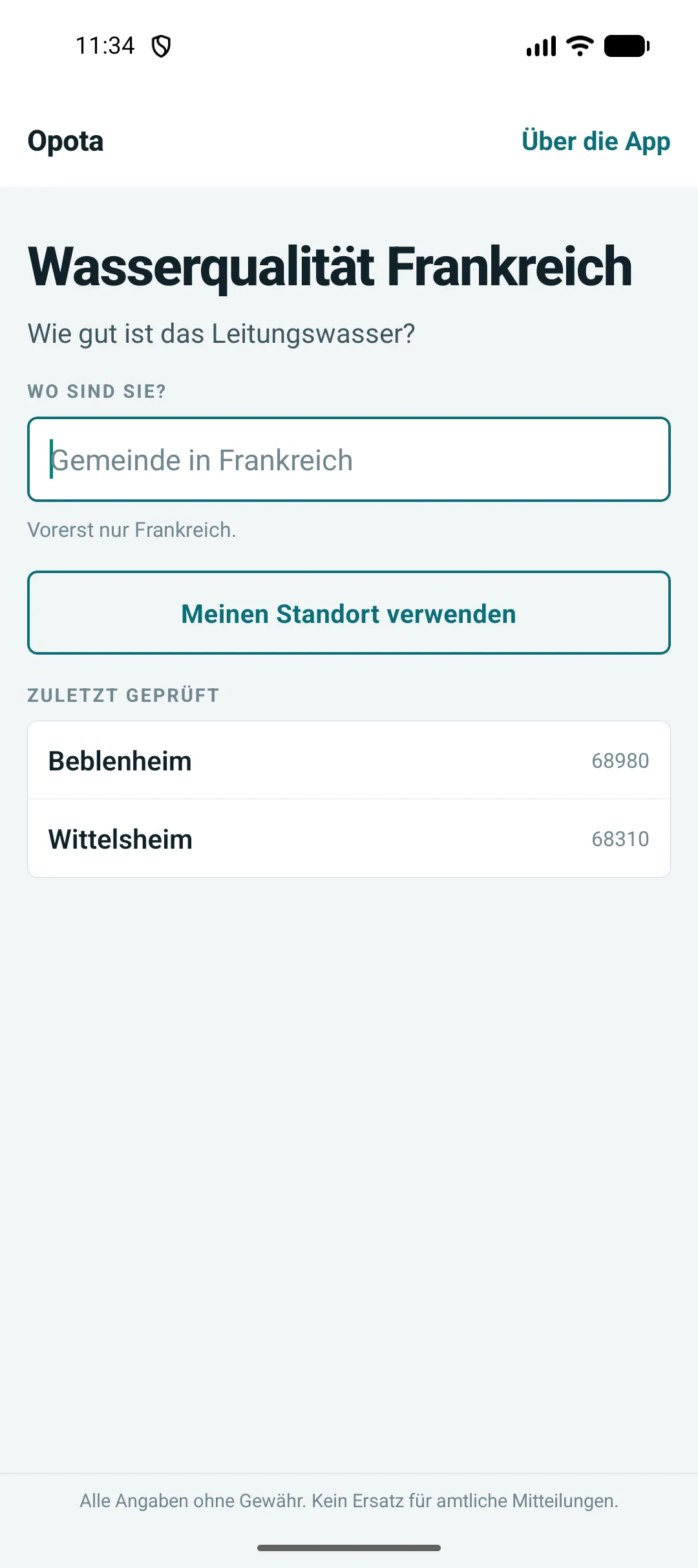 Der Suchbildschirm von Opota mit einem Feld für eine französische Gemeinde und den zuletzt geprüften Orten