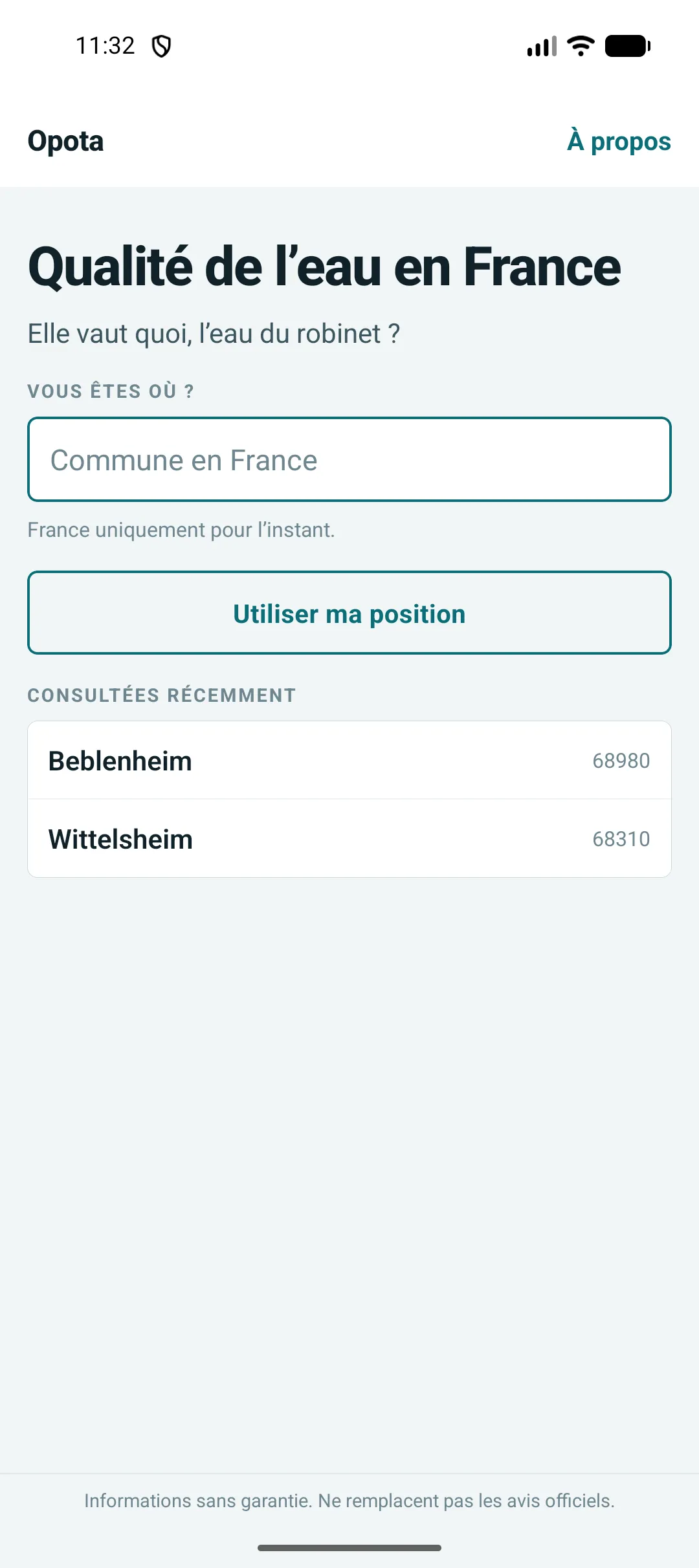 L’écran de recherche d’Opota, avec un champ pour une commune française et les communes consultées récemment