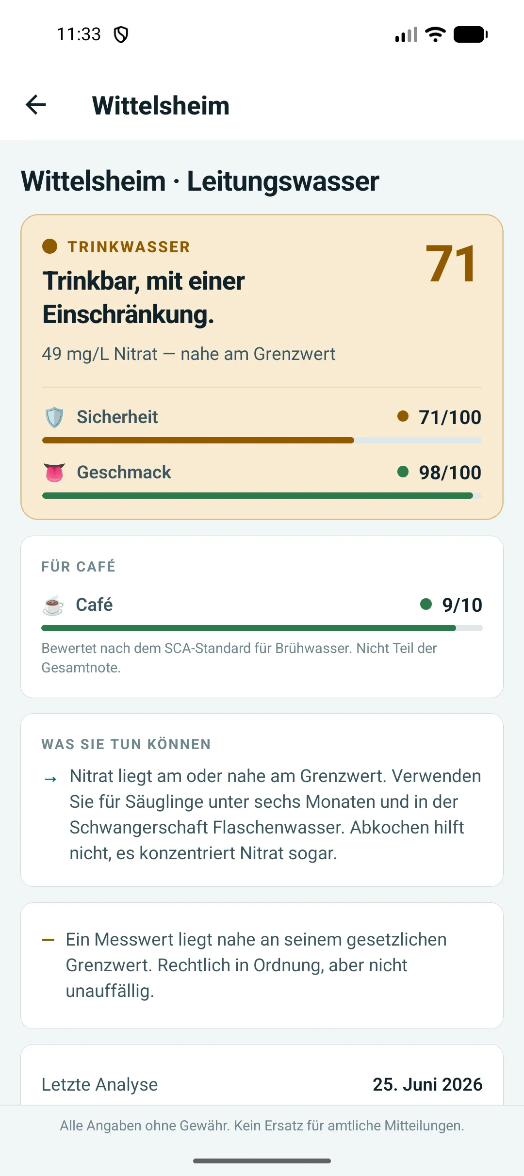 Ein gelbes Urteil für Wittelsheim mit Score 71, als Grund ist Nitrat genannt