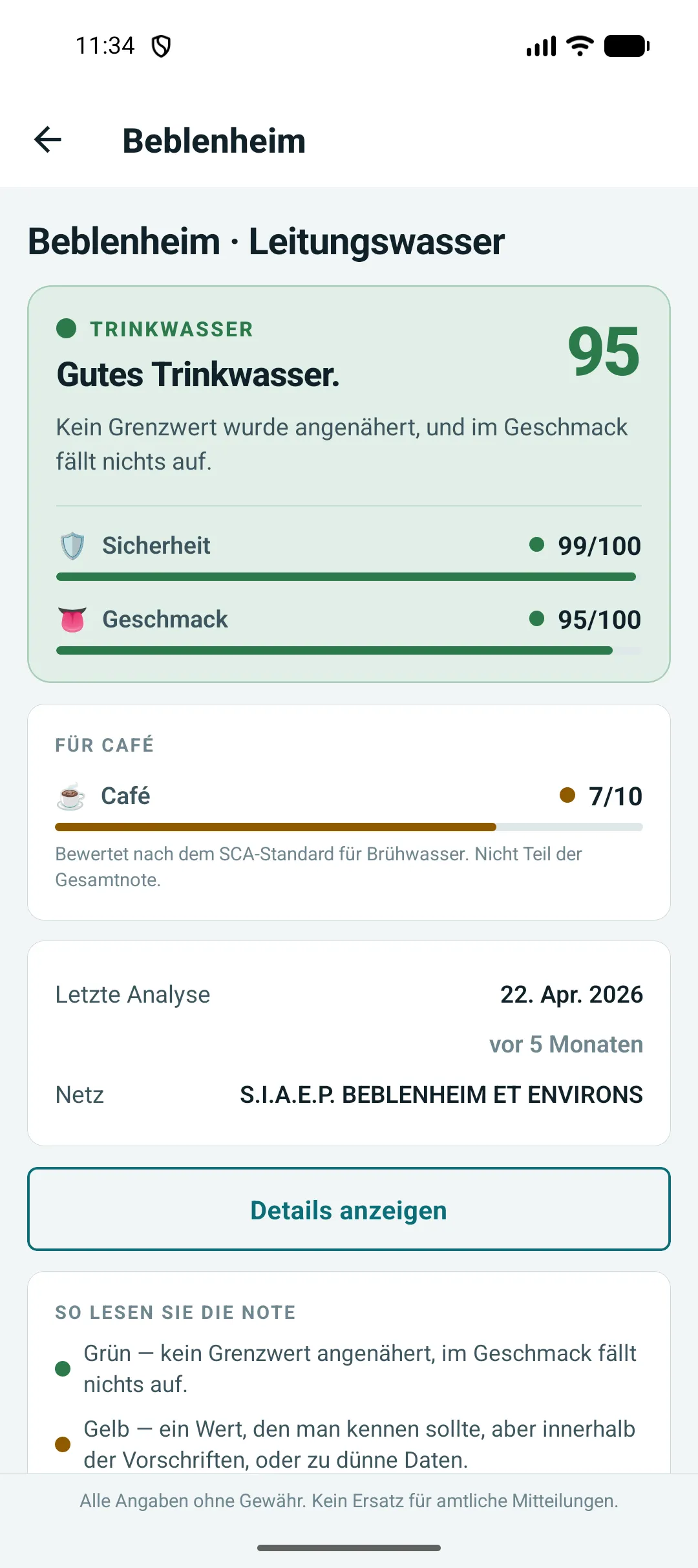 Ein grünes Urteil für Beblenheim mit Score 95, Sicherheit 99 und Geschmack 95